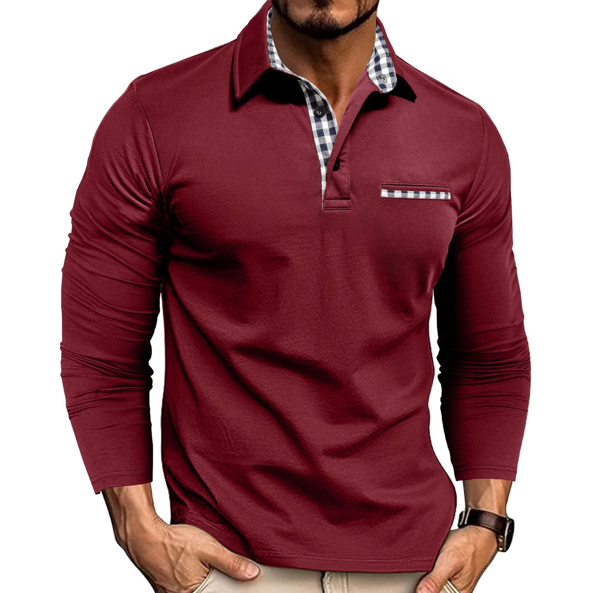 Men's long sleeve polo shirt with checked collar trim and button placket