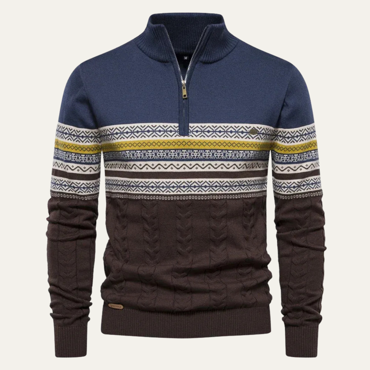 Men's quarter-zip jumper with high mock neck, geometric Fair Isle bands and textured knit detail