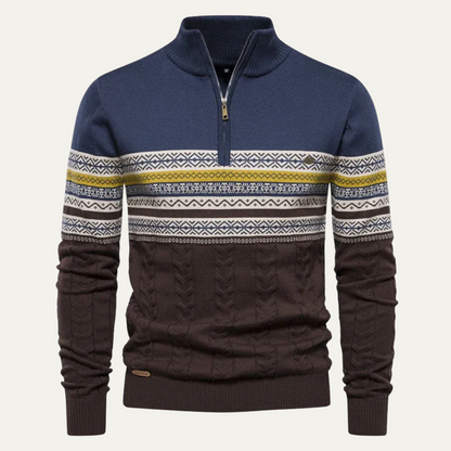 Men's quarter-zip jumper with high mock neck, geometric Fair Isle bands and textured knit detail