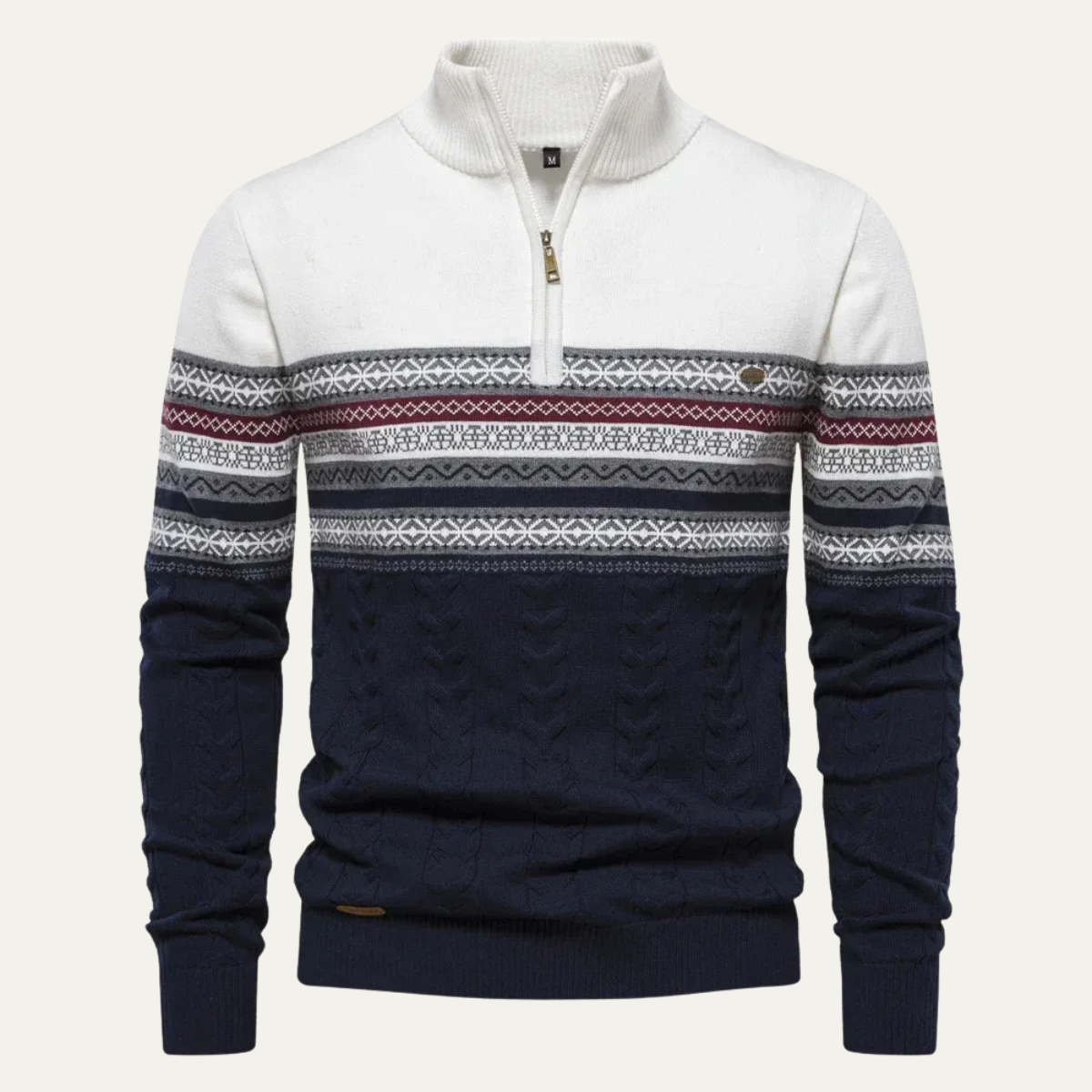 Men's quarter-zip jumper with high mock neck, geometric Fair Isle bands and textured knit detail