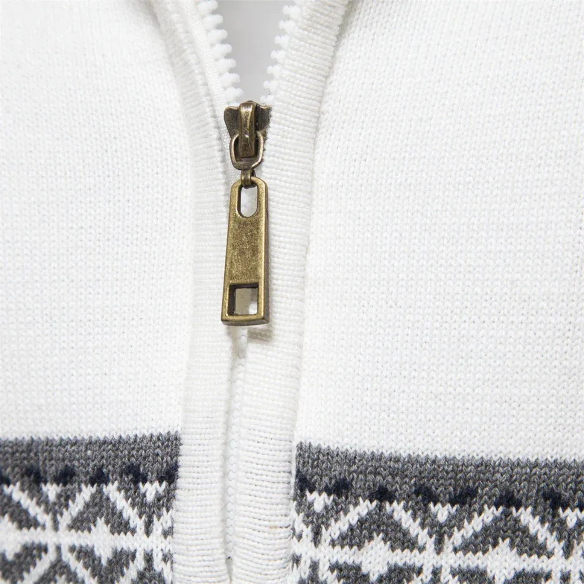 Men's quarter-zip jumper with high mock neck, geometric Fair Isle bands and textured knit detail