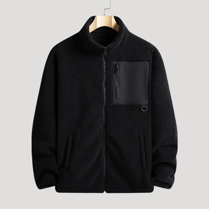Men's textured fleece jacket with high collar, full zip and chest pocket