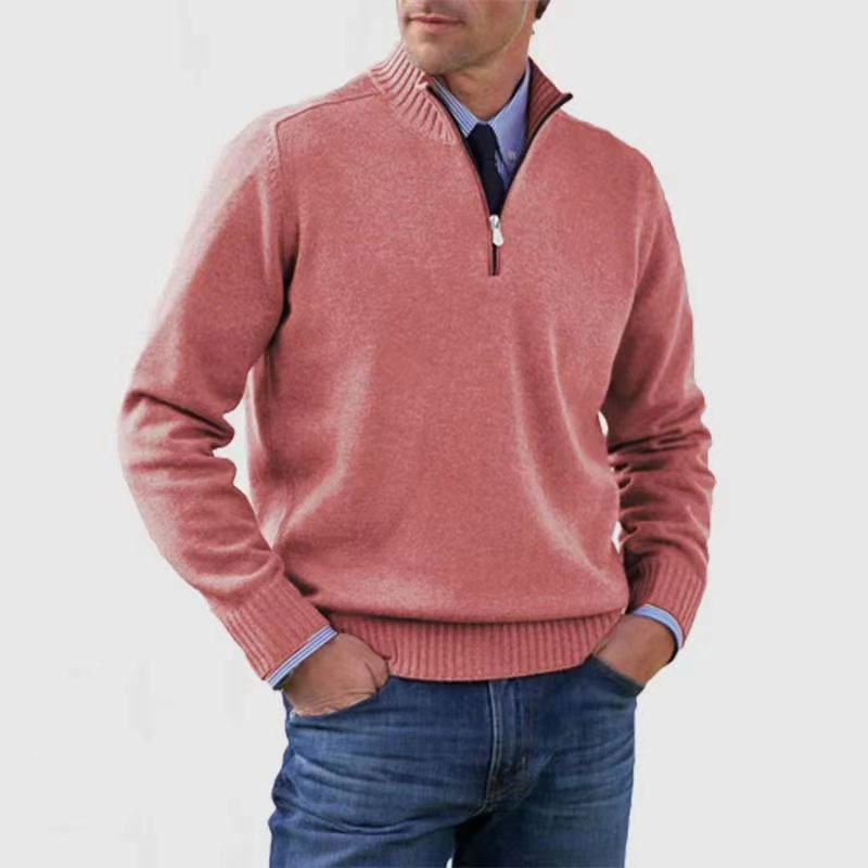 Men's plain half-zip sweater with ribbed mock neck