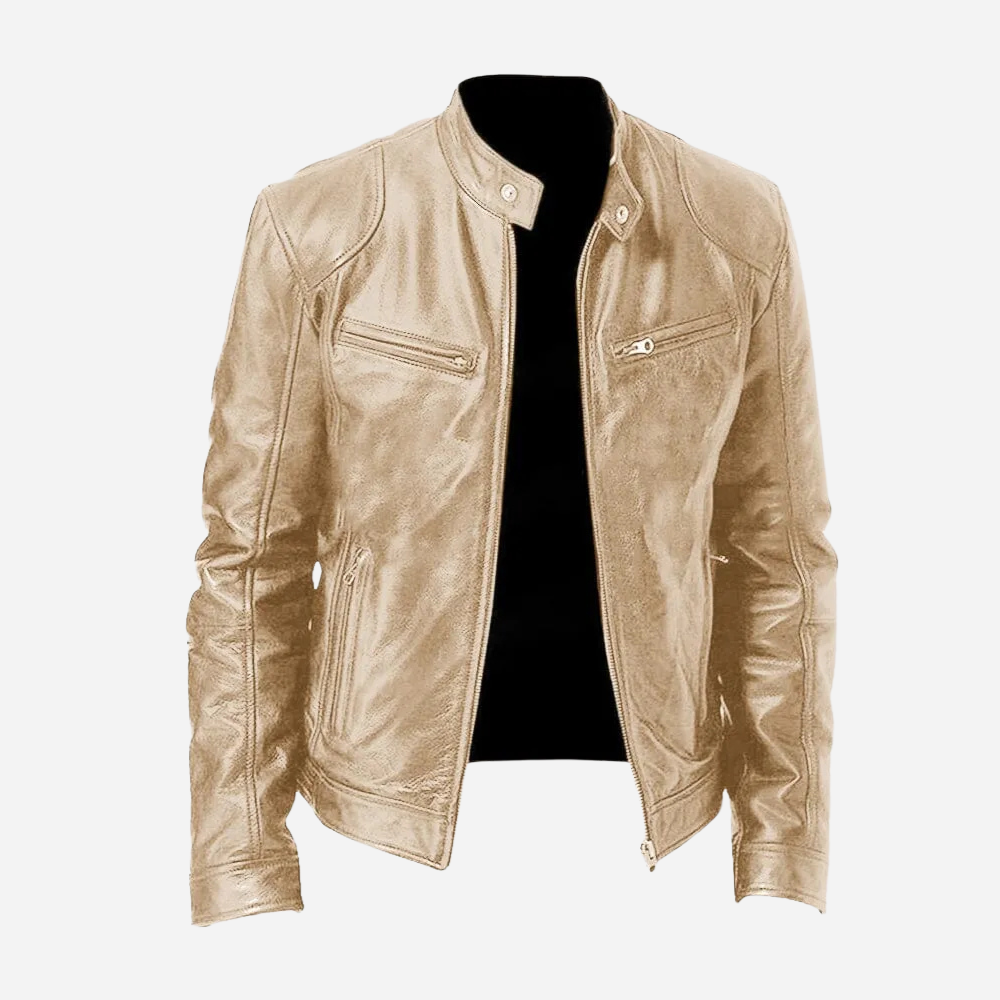 Men's biker jacket with stand collar, long sleeves and multiple zip pockets