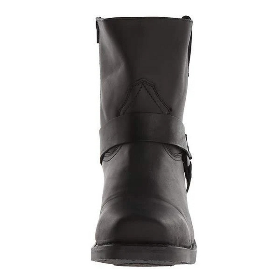 Men's cowboy boots with harness straps, metal studs and low block heels