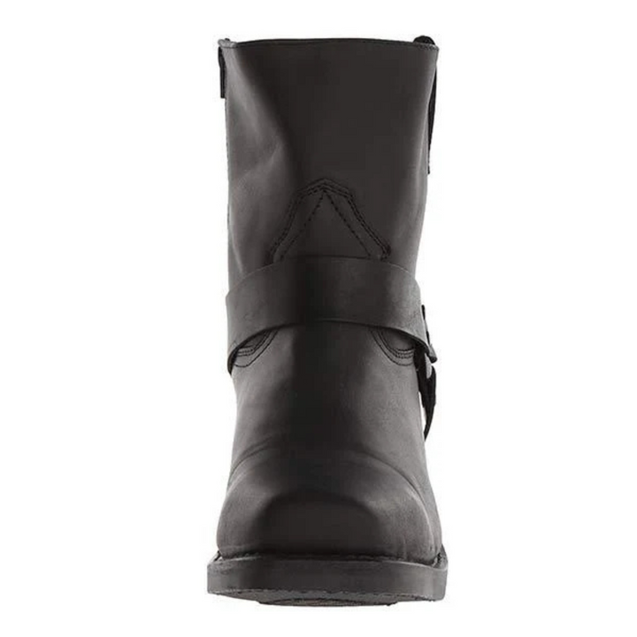 Men's cowboy boots with harness straps, metal studs and low block heels
