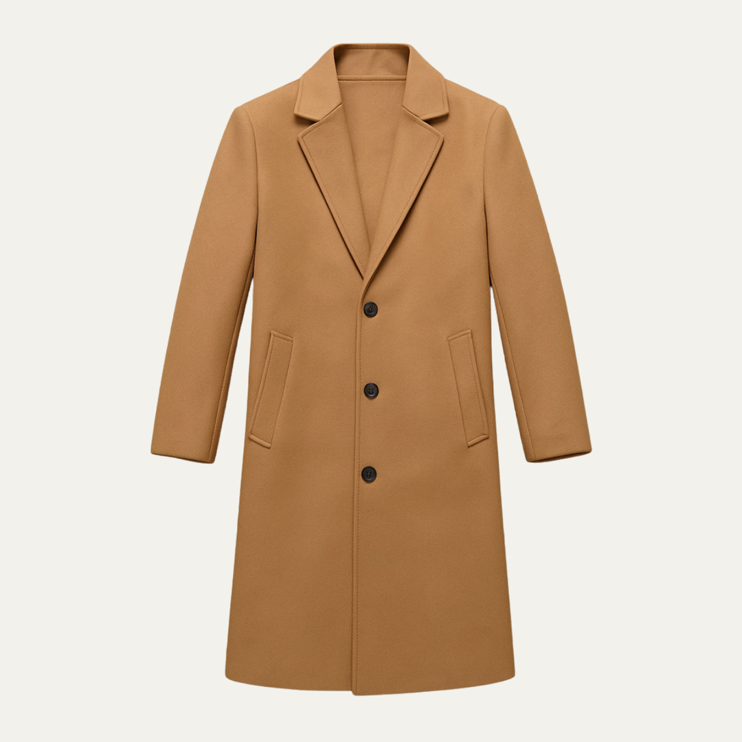 Men's longline overcoat with notched lapels, button front and side pockets