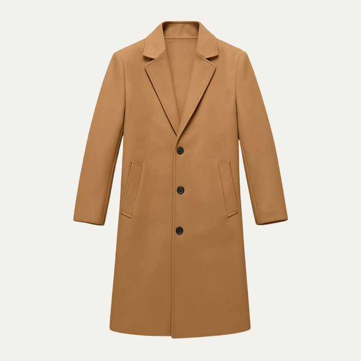 Men's longline overcoat with notched lapels, button front and side pockets