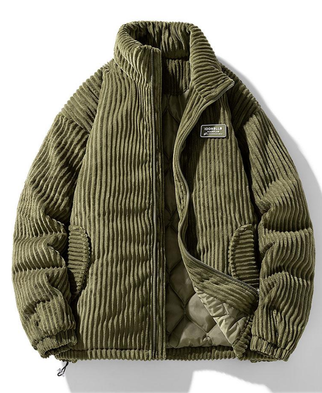 Ribbed padded jacket with high collar, zip front and adjustable hem