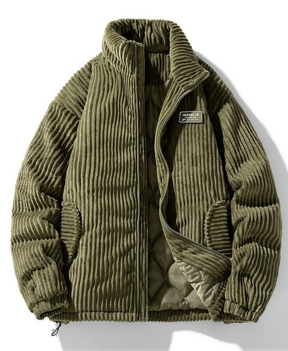 Ribbed padded jacket with high collar, zip front and adjustable hem