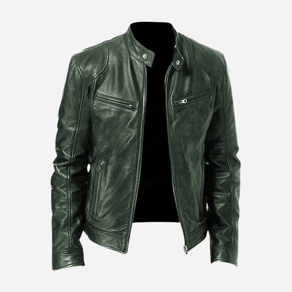 Men's biker jacket with stand collar, long sleeves and multiple zip pockets