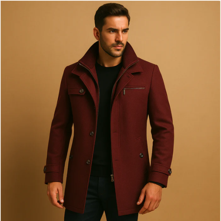 Men's structured winter coat with high collar, button and zip front, pockets and adjustable cuffs