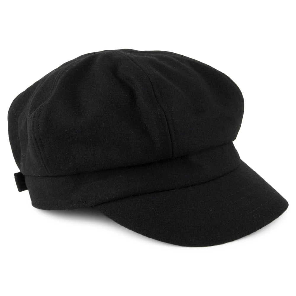 Black unisex bakerboy hat with rounded crown and short brim