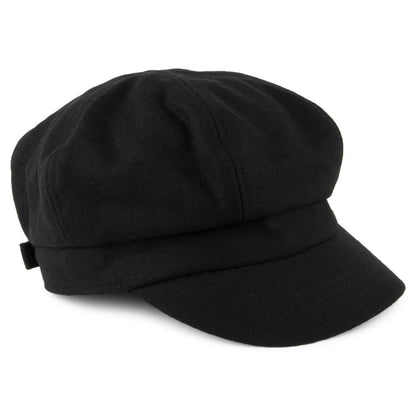 Black unisex bakerboy hat with rounded crown and short brim