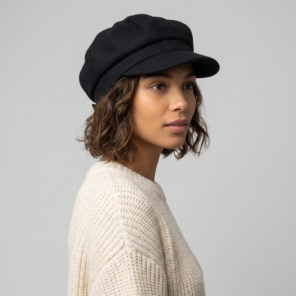Black unisex bakerboy hat with rounded crown and short brim