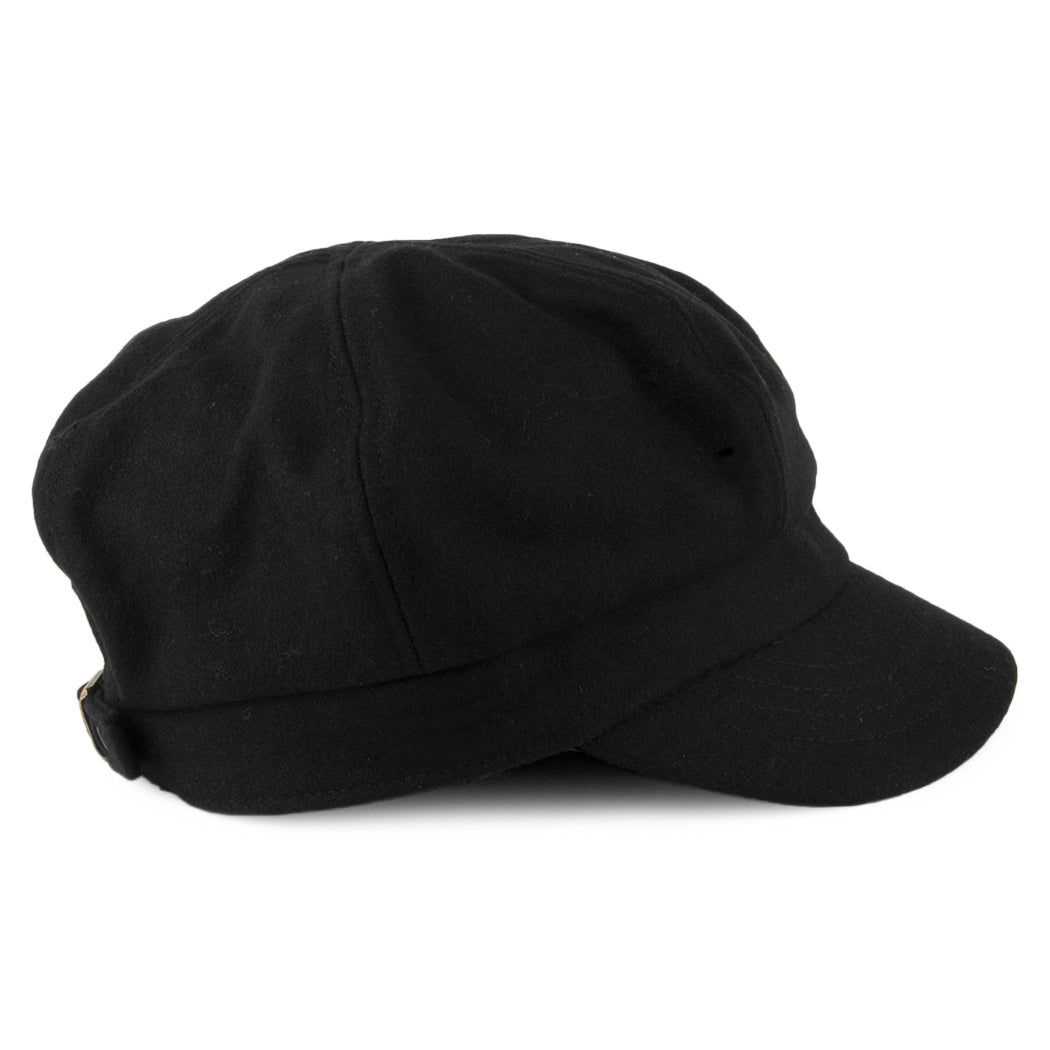 Black unisex bakerboy hat with rounded crown and short brim