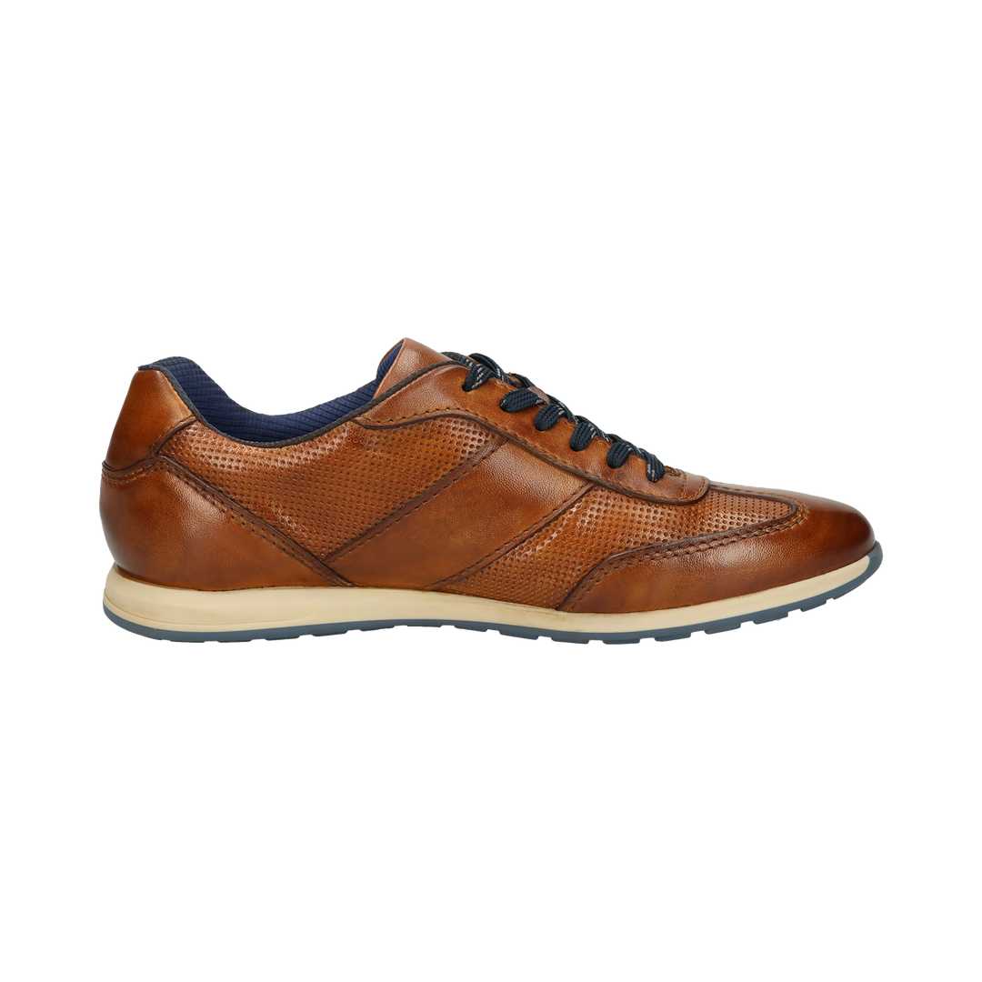 Men's brown lace-up trainers with navy side panel and cream sole