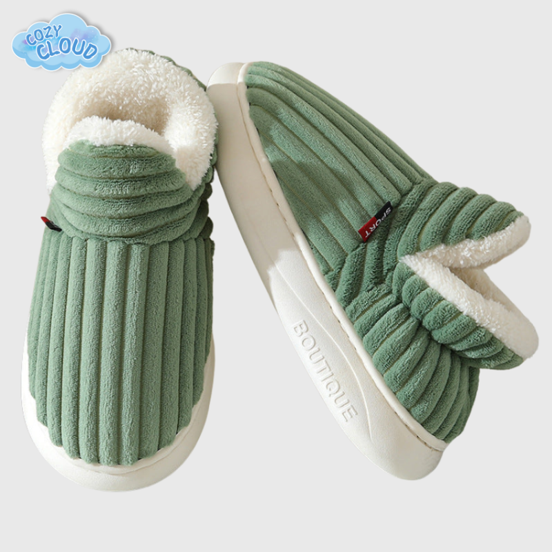 Ribbed fleece slip-on slippers in green and pink