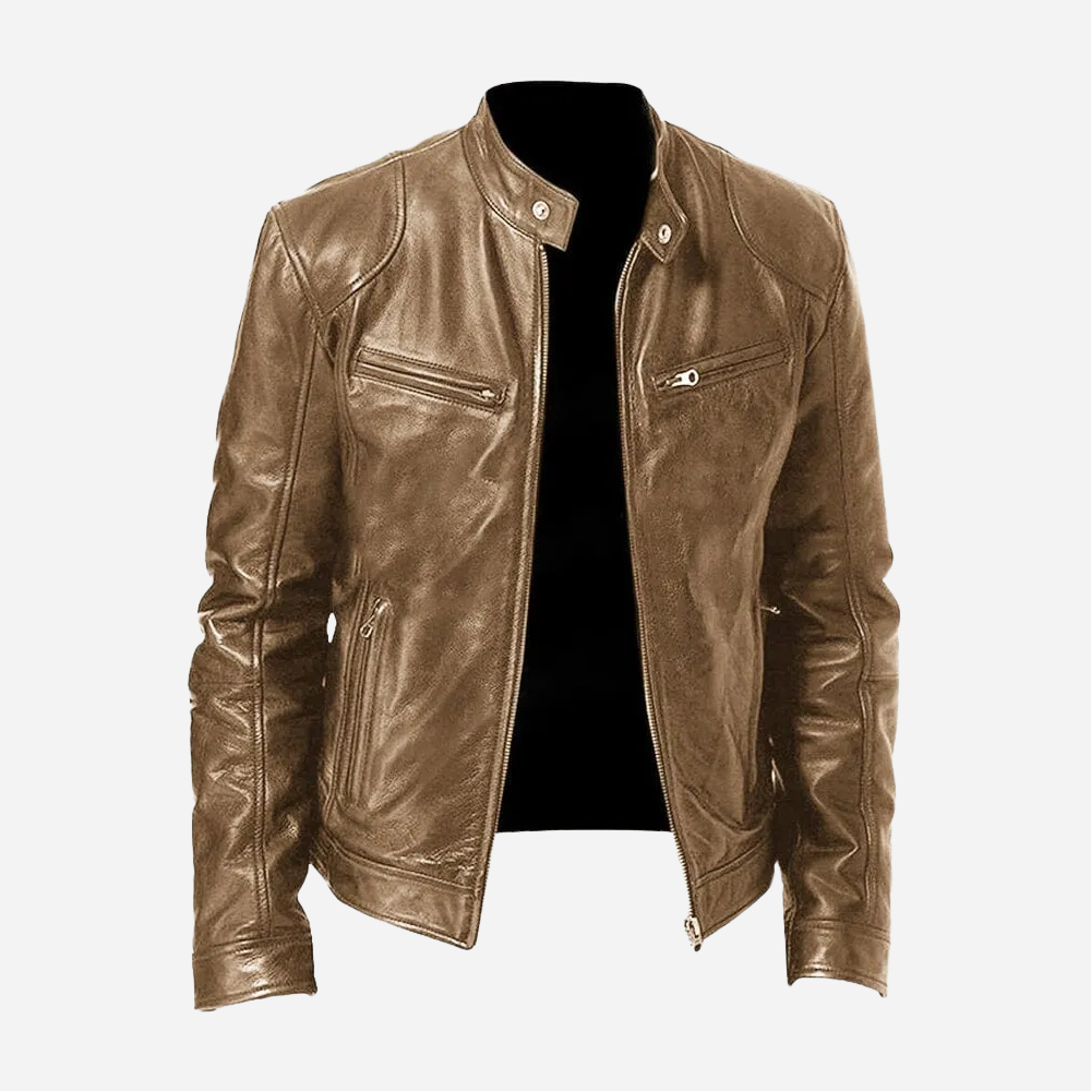 Men's biker jacket with stand collar, long sleeves and multiple zip pockets