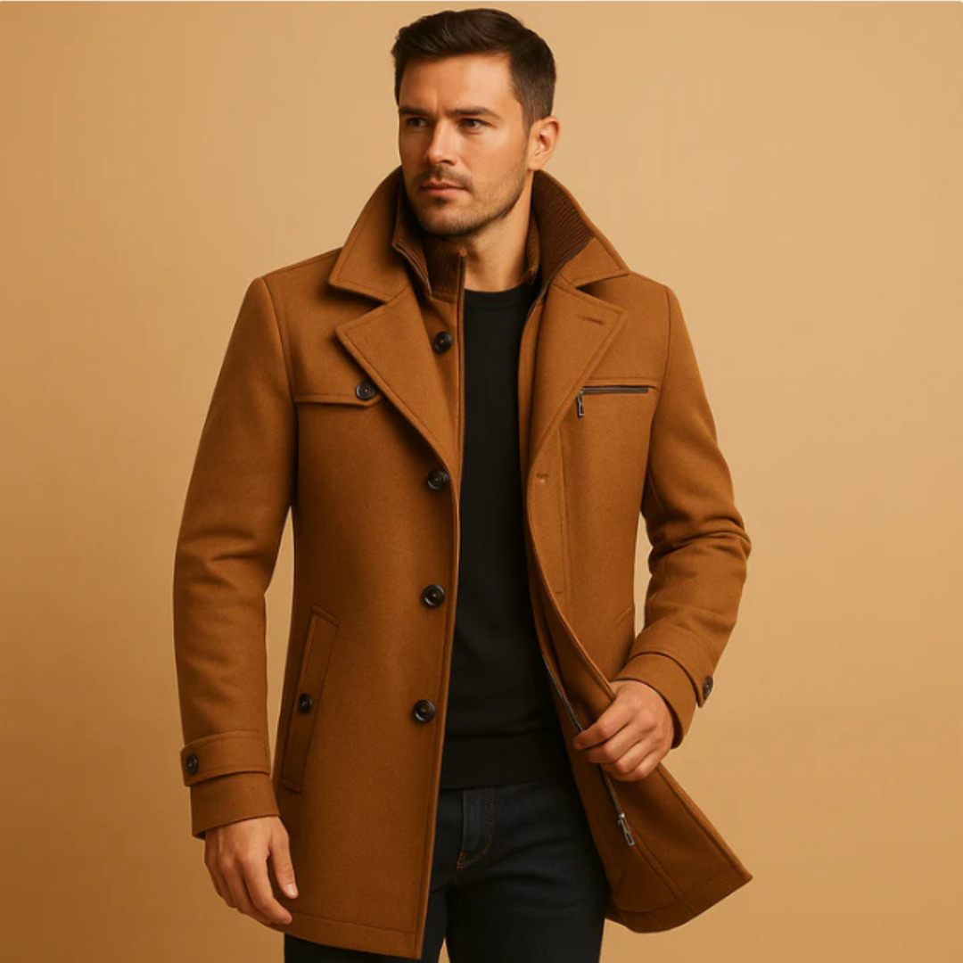 Men's structured winter coat with high collar, button and zip front, pockets and adjustable cuffs