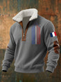 Men's hooded quarter-zip sweatshirt with aircraft graphics and contrasting sleeve panels
