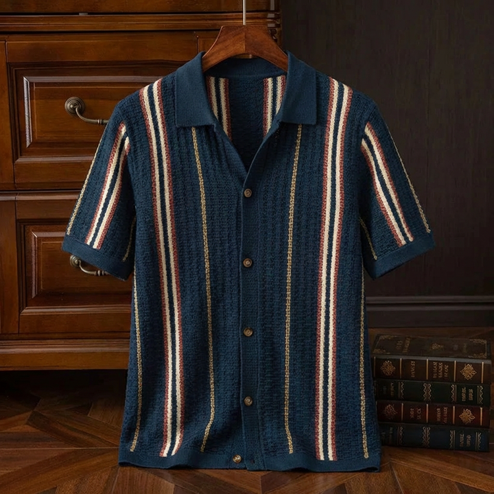 Men's Striped Knitted Shirt, Open Knit, Short Sleeve, Camp Collar