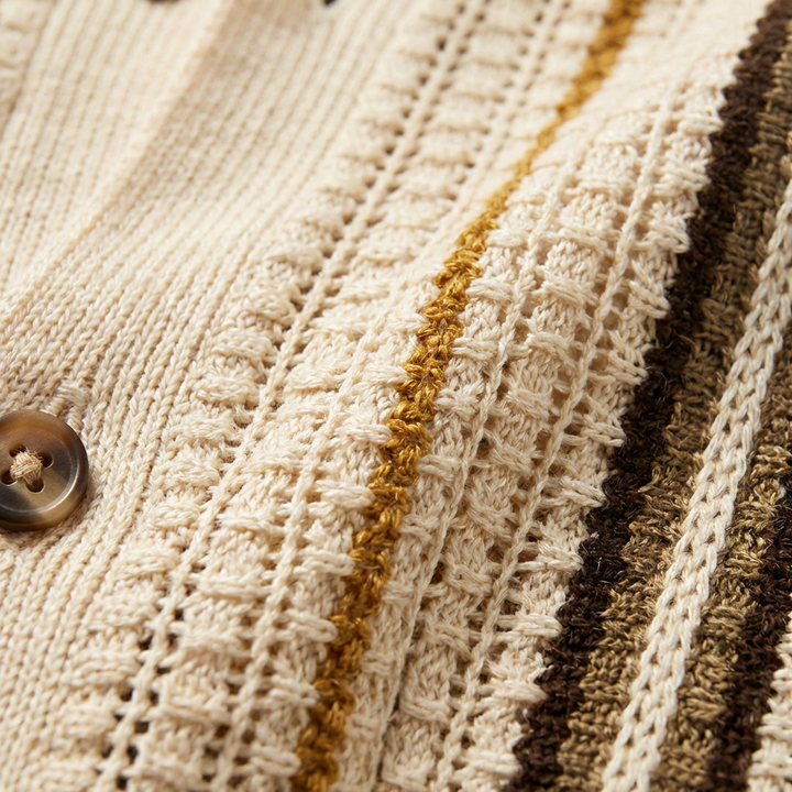 Men's Striped Knitted Shirt, Open Knit, Short Sleeve, Camp Collar