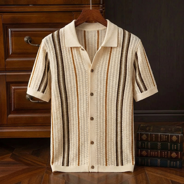 Men's Striped Knitted Shirt, Open Knit, Short Sleeve, Camp Collar