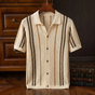 Men's Striped Knitted Shirt, Open Knit, Short Sleeve, Camp Collar