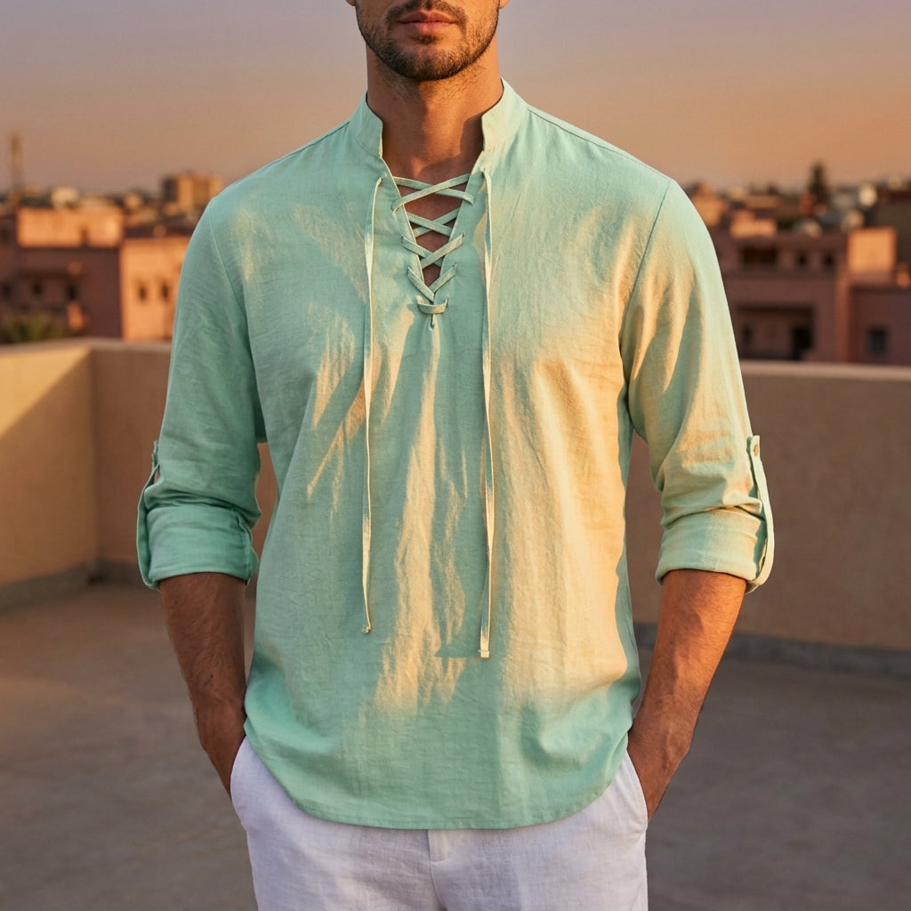 Men's Lace Up Shirt, Band Collar, Long Sleeve, Roll Tab Cuffs