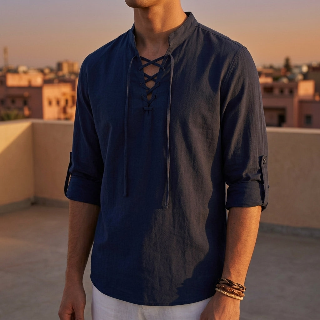 Men's Lace Up Shirt, Band Collar, Long Sleeve, Roll Tab Cuffs