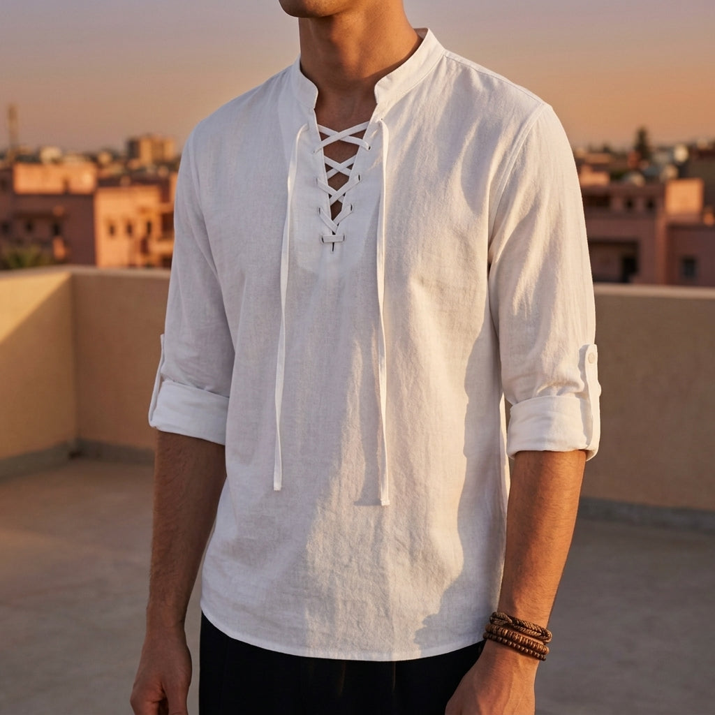 Men's Lace Up Shirt, Band Collar, Long Sleeve, Roll Tab Cuffs