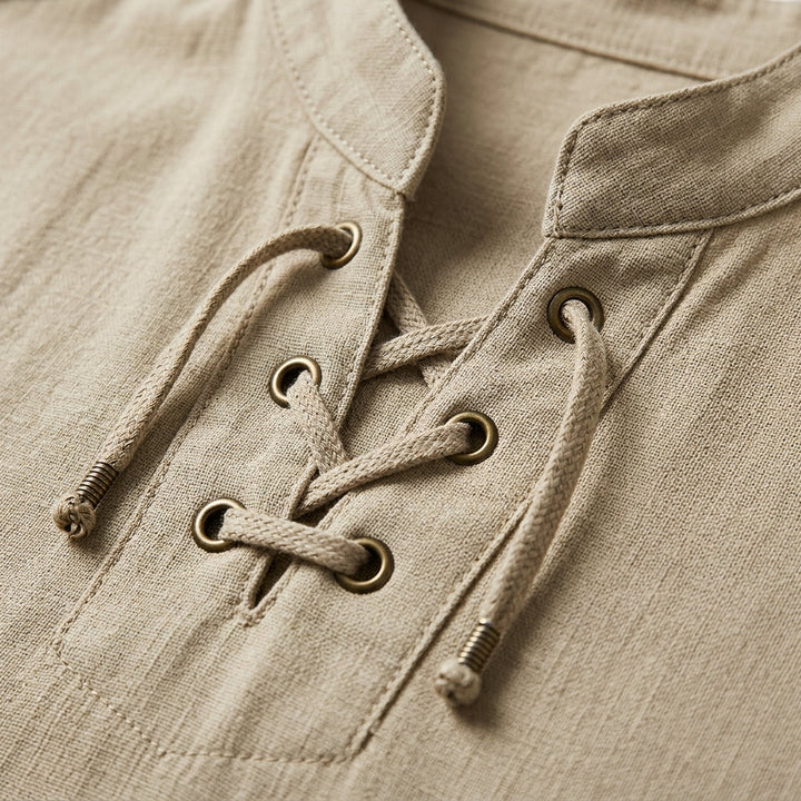 Men's Lace Up Shirt, Band Collar, Long Sleeve, Roll Tab Cuffs