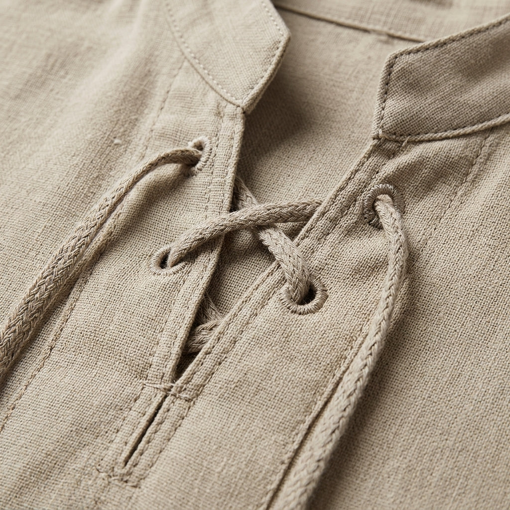 Men's Lace Up Shirt, Band Collar, Long Sleeve, Roll Tab Cuffs