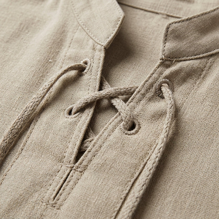 Men's Lace Up Shirt, Band Collar, Long Sleeve, Roll Tab Cuffs