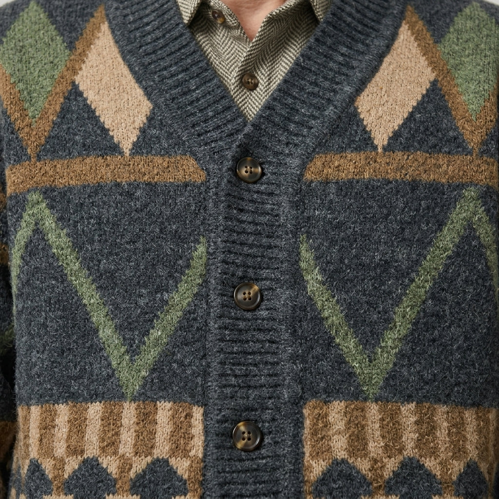 Men's multicoloured geometric button cardigan with V-neck and long sleeves