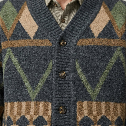Men's multicoloured geometric button cardigan with V-neck and long sleeves