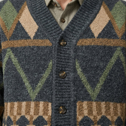 Men's multicoloured geometric button cardigan with V-neck and long sleeves