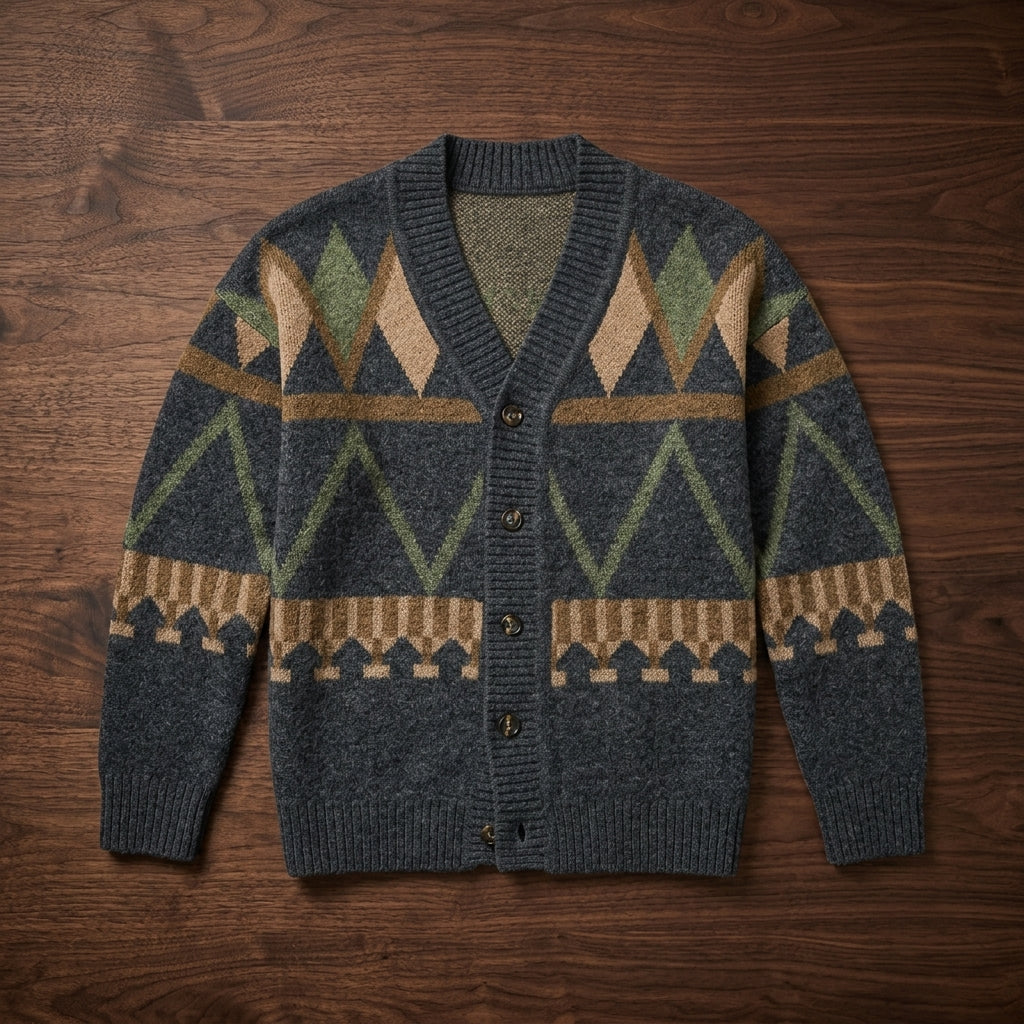 Men's multicoloured geometric button cardigan with V-neck and long sleeves