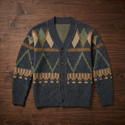 Men's multicoloured geometric button cardigan with V-neck and long sleeves