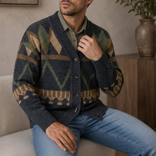 Men's multicoloured geometric button cardigan with V-neck and long sleeves