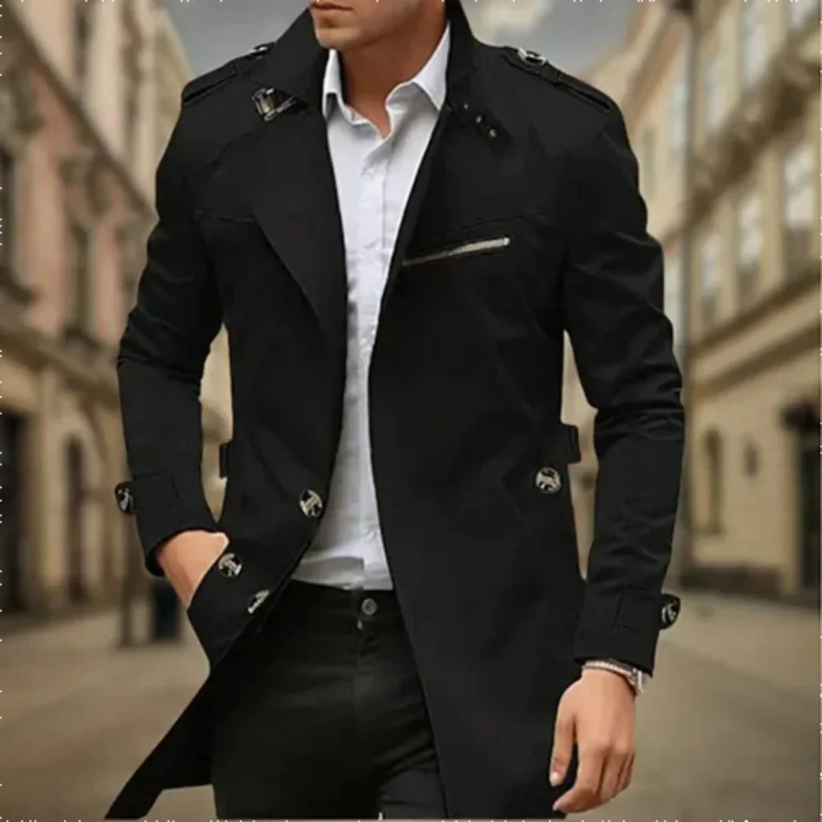 Men's classic double-breasted trench coat with long sleeves