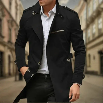 Men's classic double-breasted trench coat with long sleeves