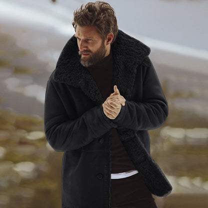 Men's mid-length coat with plush collar and button front