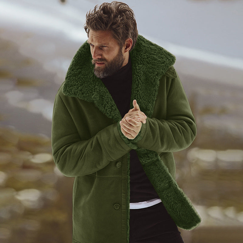 Men's mid-length coat with plush collar and button front