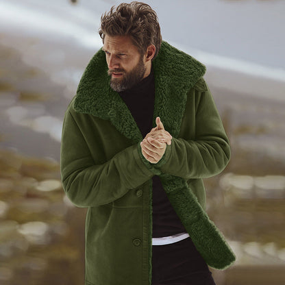Men's mid-length coat with plush collar and button front