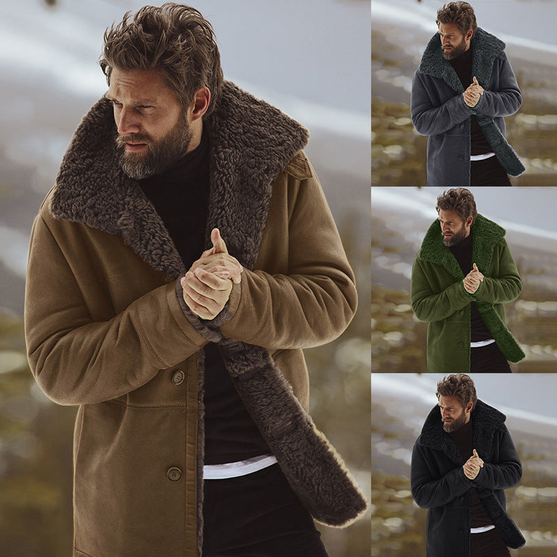Men's mid-length coat with plush collar and button front