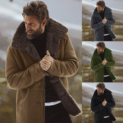Men's mid-length coat with plush collar and button front