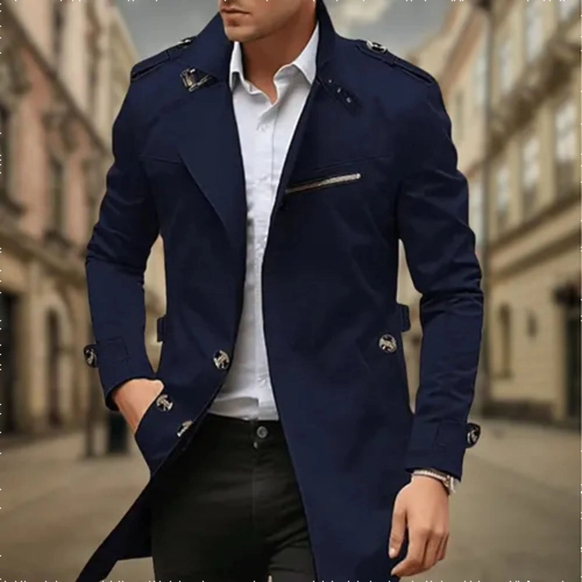 Men's classic double-breasted trench coat with long sleeves