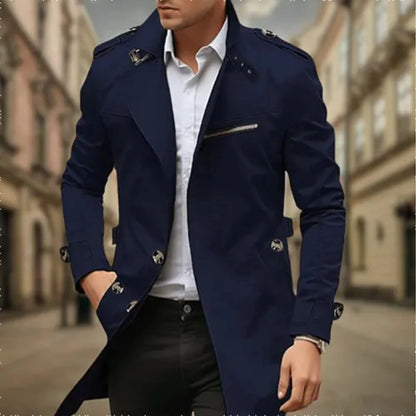 Men's classic double-breasted trench coat with long sleeves